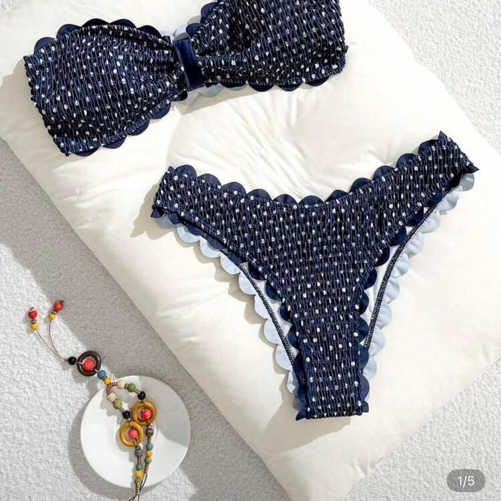 SHEIN NWOT Trendy Women's Blue Navy Scalloped Swimwear Sz MBikinis 2 Piece Set